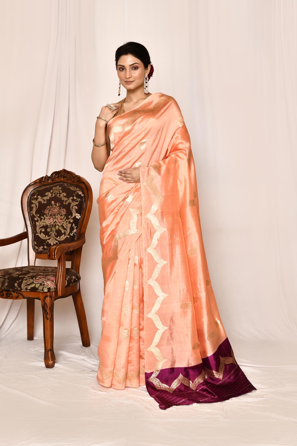 Coral Peach Pure Katan Silk Banarasi Handloom Silk Saree Coral Peach Pure Katan Silk Banarasi Handloom Silk Saree
