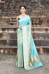 Dusty Mint Blue - Sage Green Ombre Pure Katan Silk Banarasi Handloom Saree