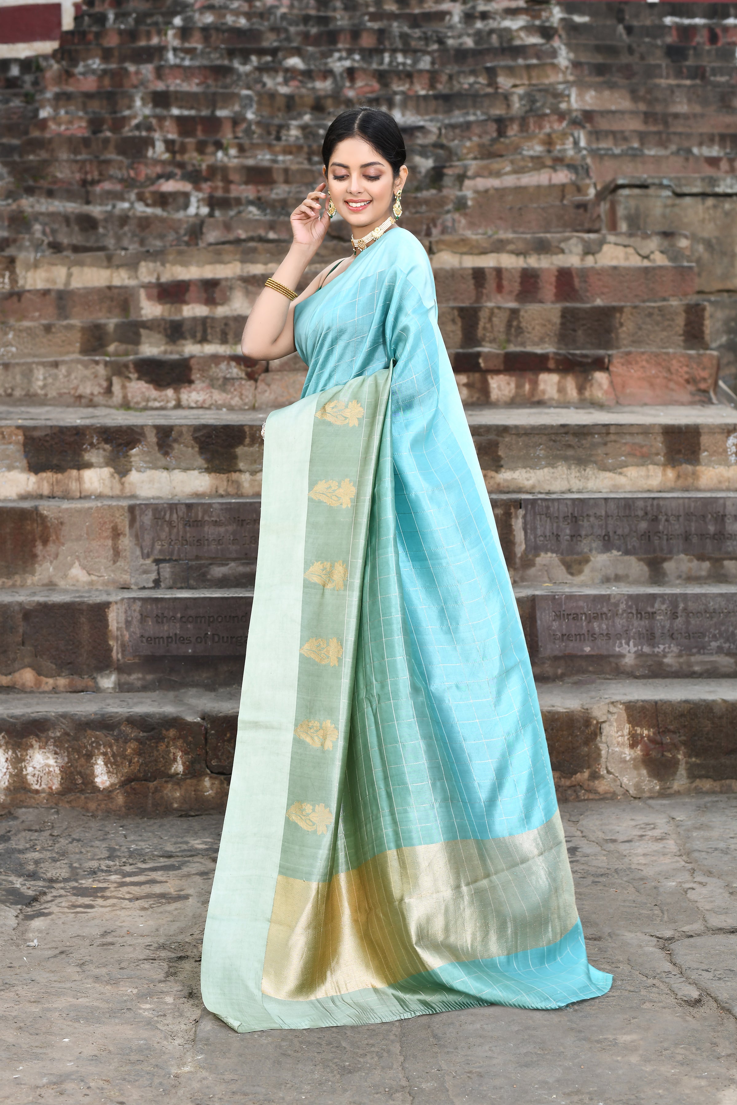 Dusty Mint Blue - Sage Green Ombre Pure Katan Silk Banarasi Handloom Saree Dusty Mint Blue - Sage Green Ombre Pure Katan Silk Banarasi Handloom Saree
