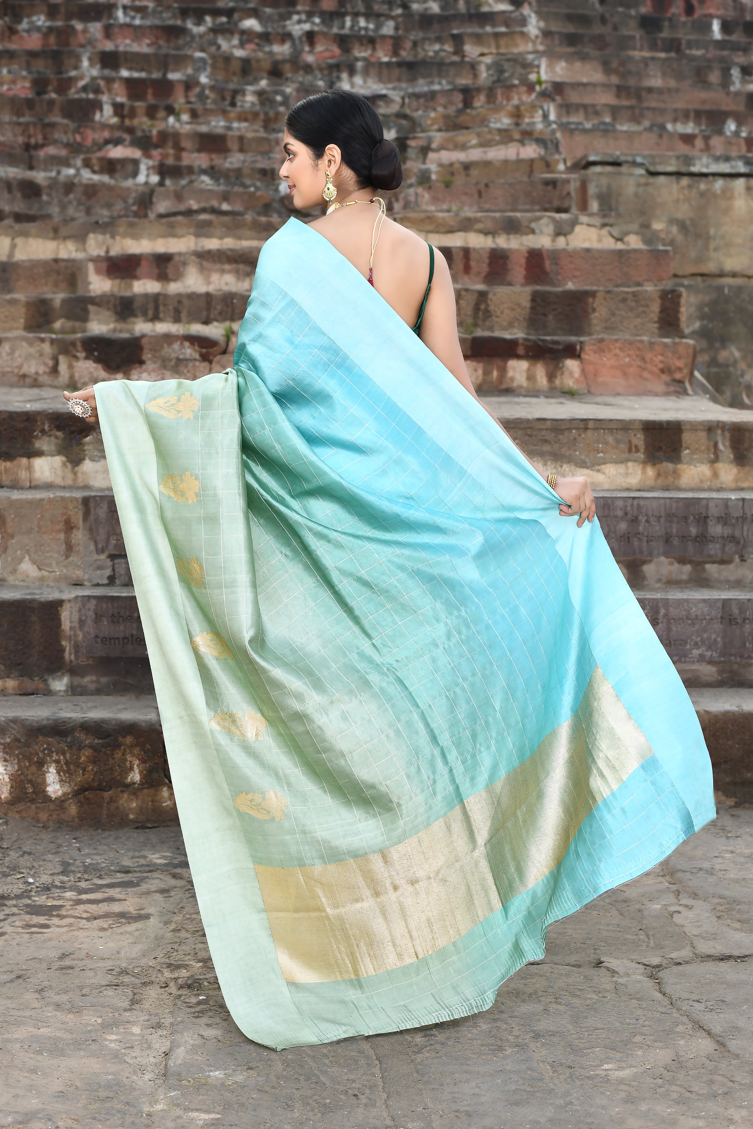 Dusty Mint Blue - Sage Green Ombre Pure Katan Silk Banarasi Handloom Saree Dusty Mint Blue - Sage Green Ombre Pure Katan Silk Banarasi Handloom Saree