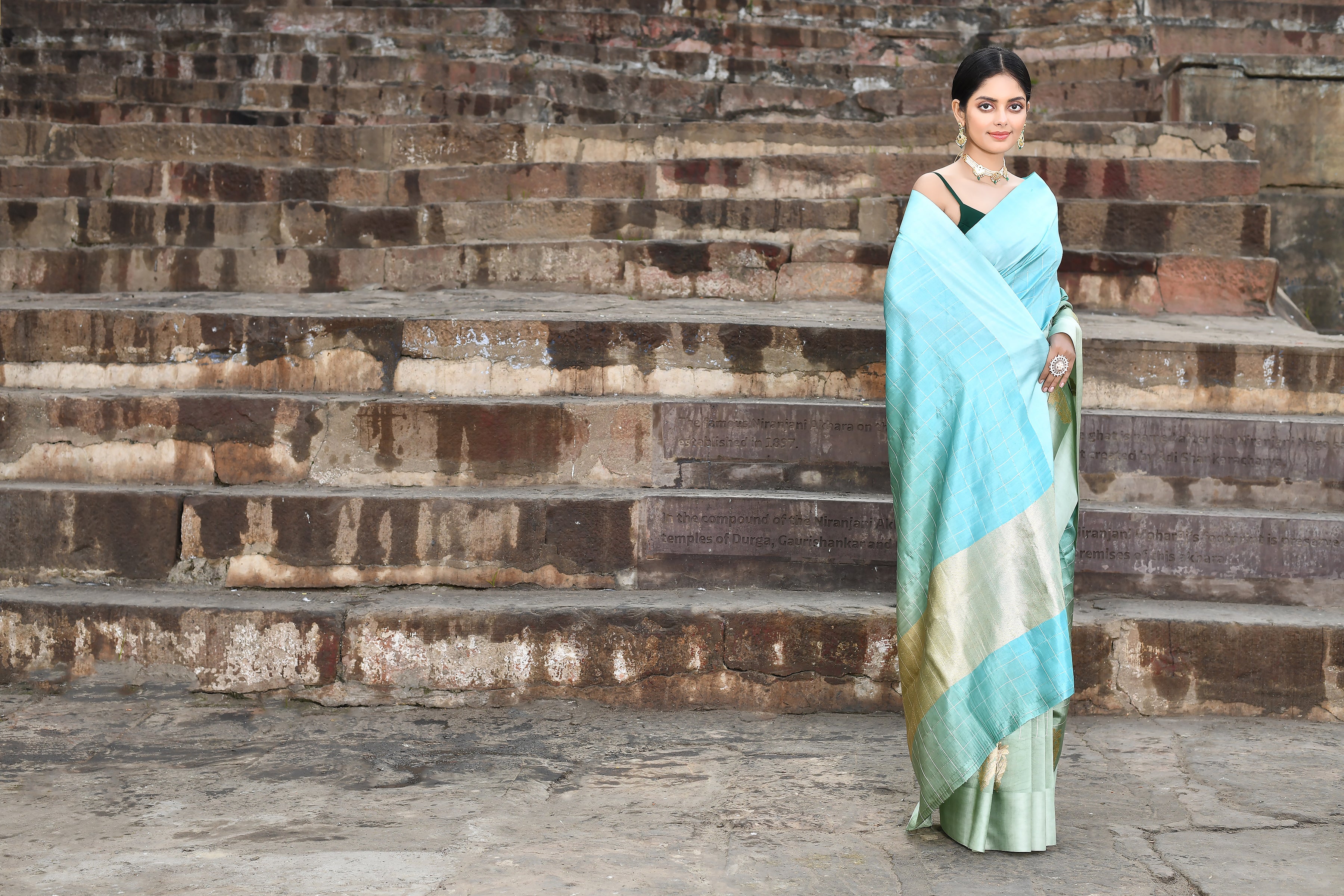 Dusty Mint Blue - Sage Green Ombre Pure Katan Silk Banarasi Handloom Saree Dusty Mint Blue - Sage Green Ombre Pure Katan Silk Banarasi Handloom Saree