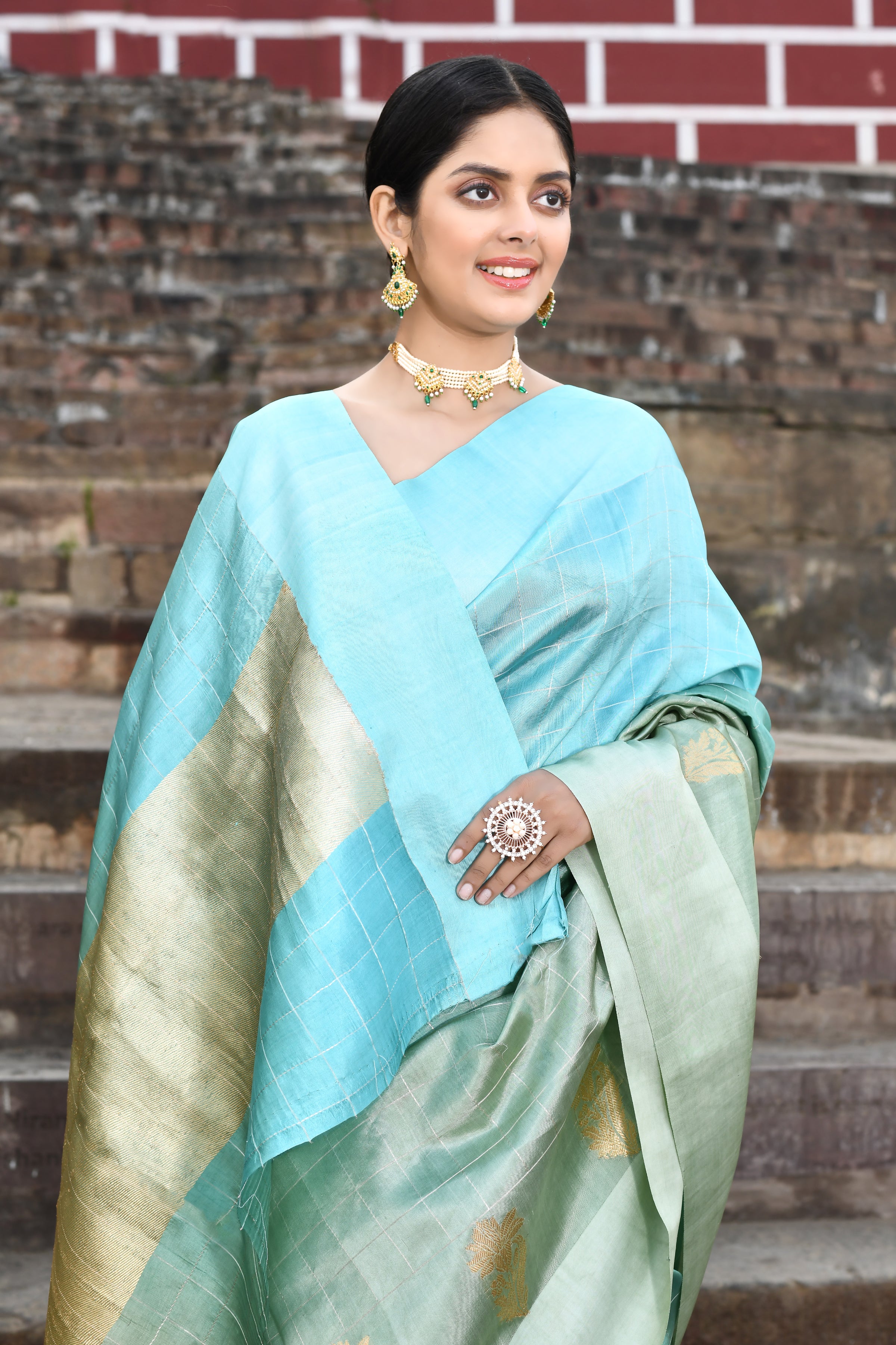 Dusty Mint Blue - Sage Green Ombre Pure Katan Silk Banarasi Handloom Saree Dusty Mint Blue - Sage Green Ombre Pure Katan Silk Banarasi Handloom Saree