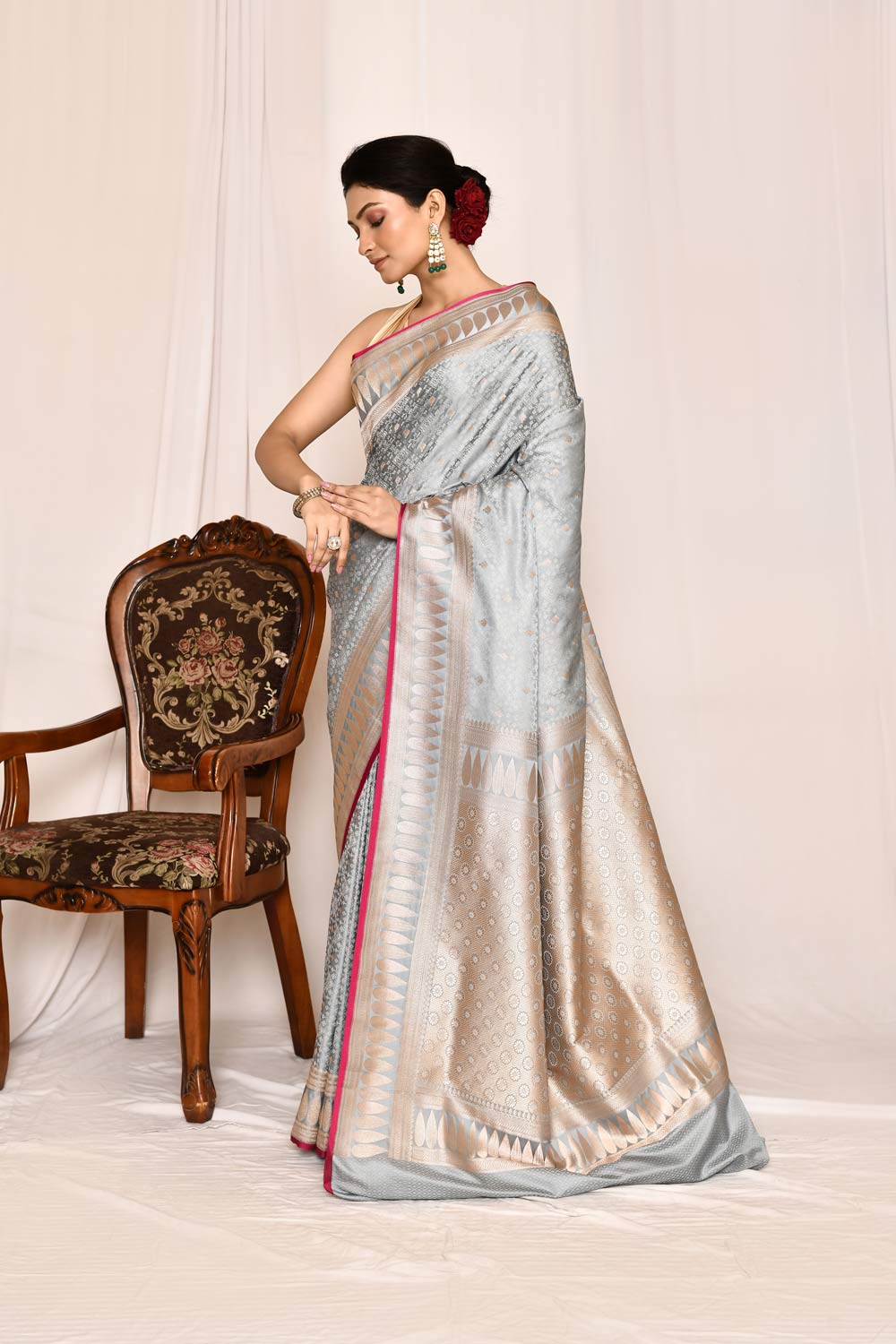 Ice Grey  Mushru Satin Semi Katan Banarasi Handloom Silk Saree Ice Grey  Mushru Satin Semi Katan Banarasi Handloom Silk Saree