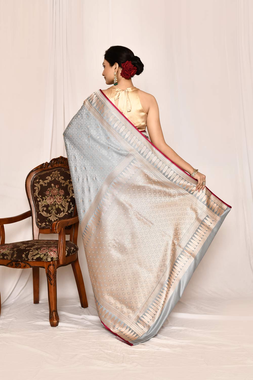 Ice Grey  Mushru Satin Semi Katan Banarasi Handloom Silk Saree Ice Grey  Mushru Satin Semi Katan Banarasi Handloom Silk Saree