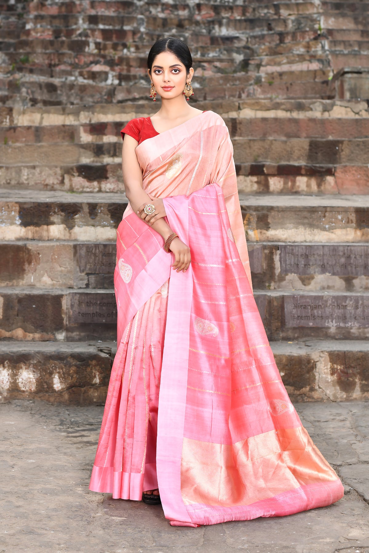 Peach - pink ombre pure katan silk banarasi handloom saree