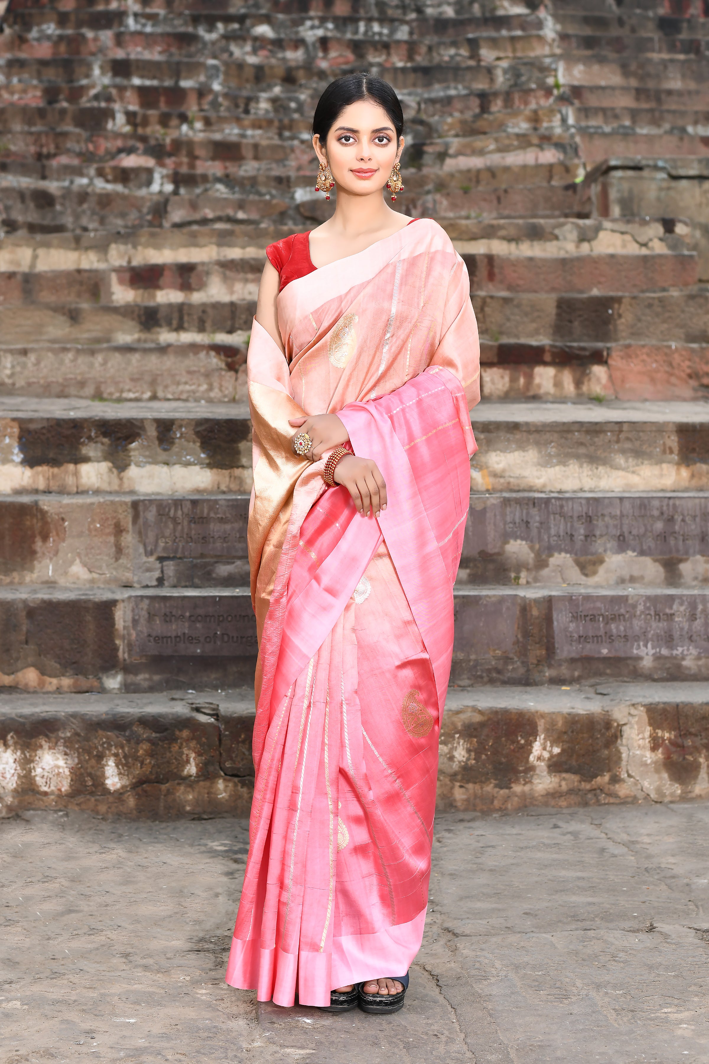 Peach - pink ombre pure katan silk banarasi handloom saree Peach - pink ombre pure katan silk banarasi handloom saree