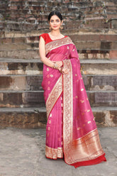 Pink - Red Pure Kora Organza Banarasi handloom Silk Saree
