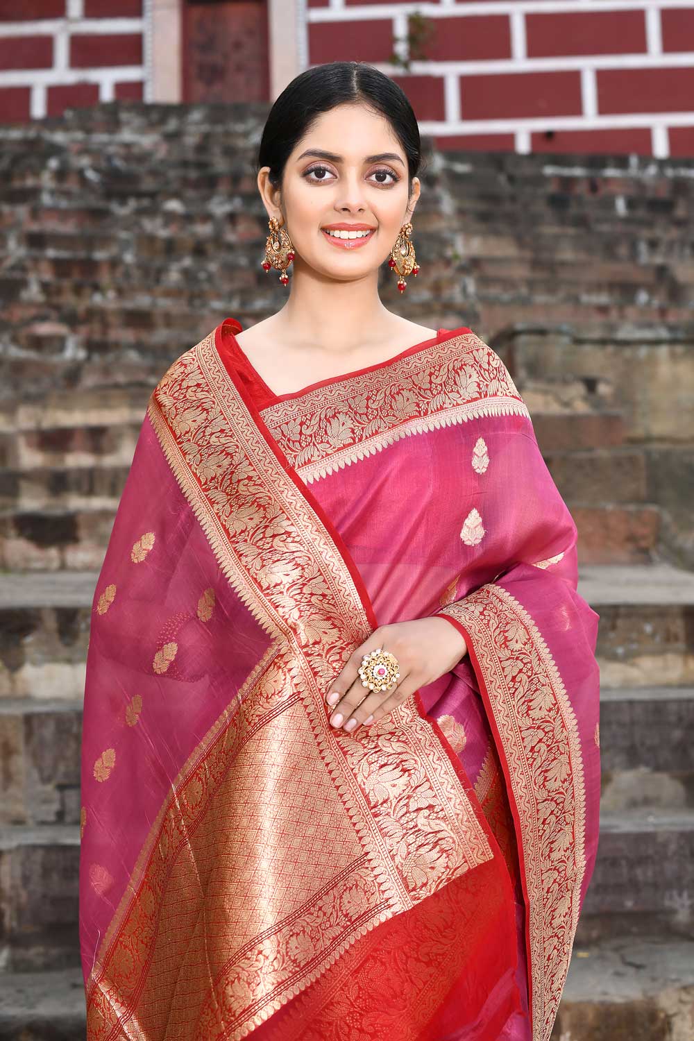 Pink - Red Pure Kora Organza Banarasi handloom Silk Saree Pink - Red Pure Kora Organza Banarasi handloom Silk Saree