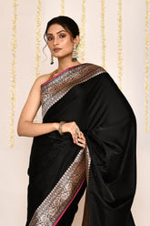 Black Semi Katan Mushru Satin Silk Banarasi Handloom Saree
