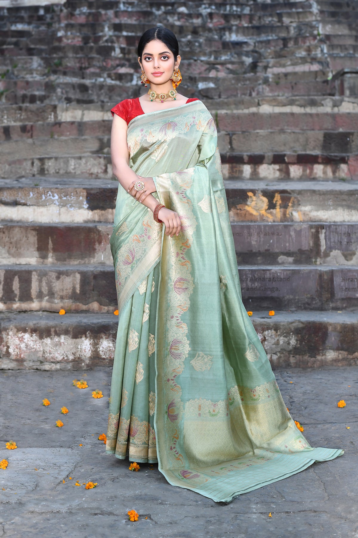 Dusty Green Pure Katan Silk Banarasi Handloom Saree