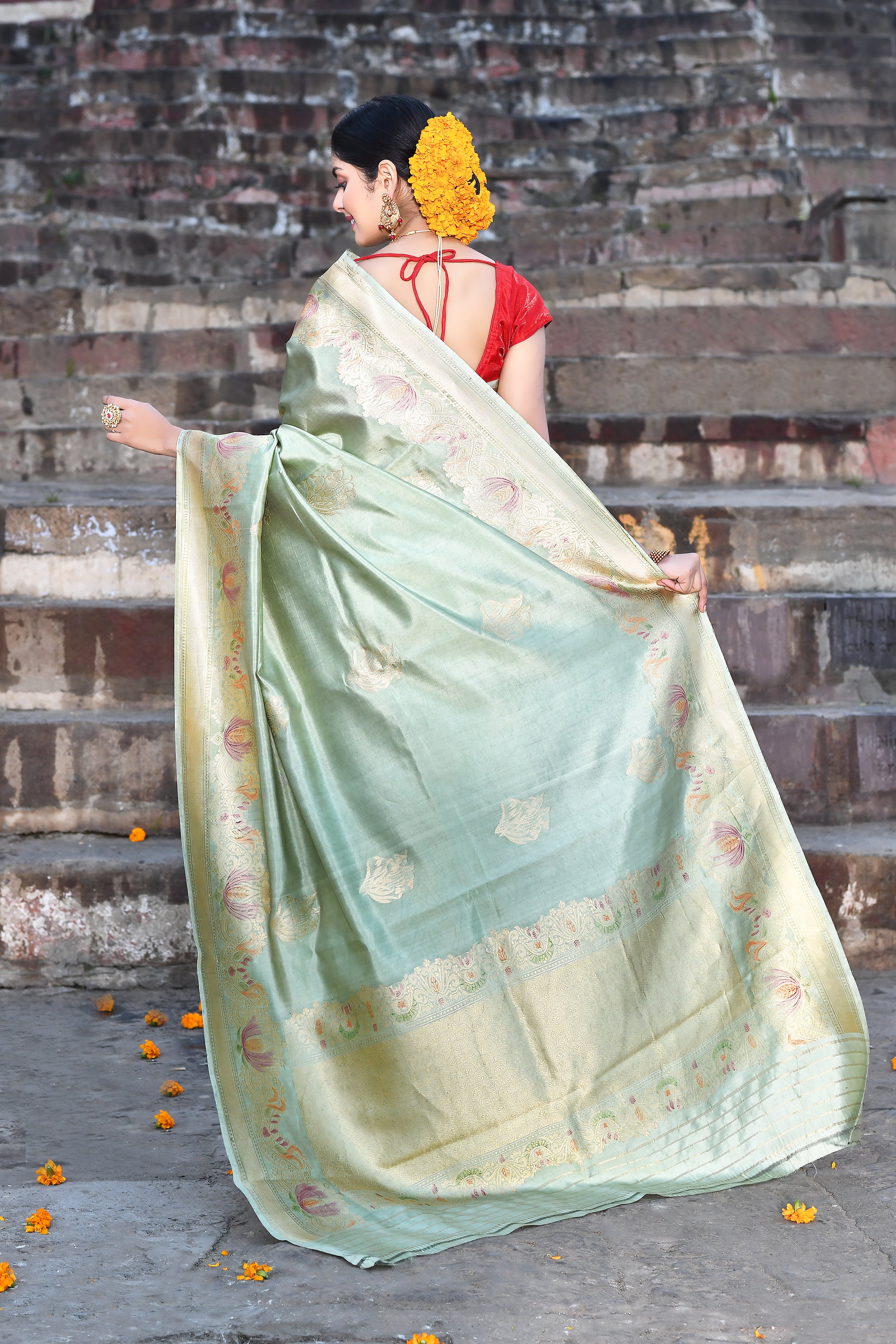 Dusty Green Pure Katan Silk Saree with Blouse Dusty Green Pure Katan Silk Saree with Blouse