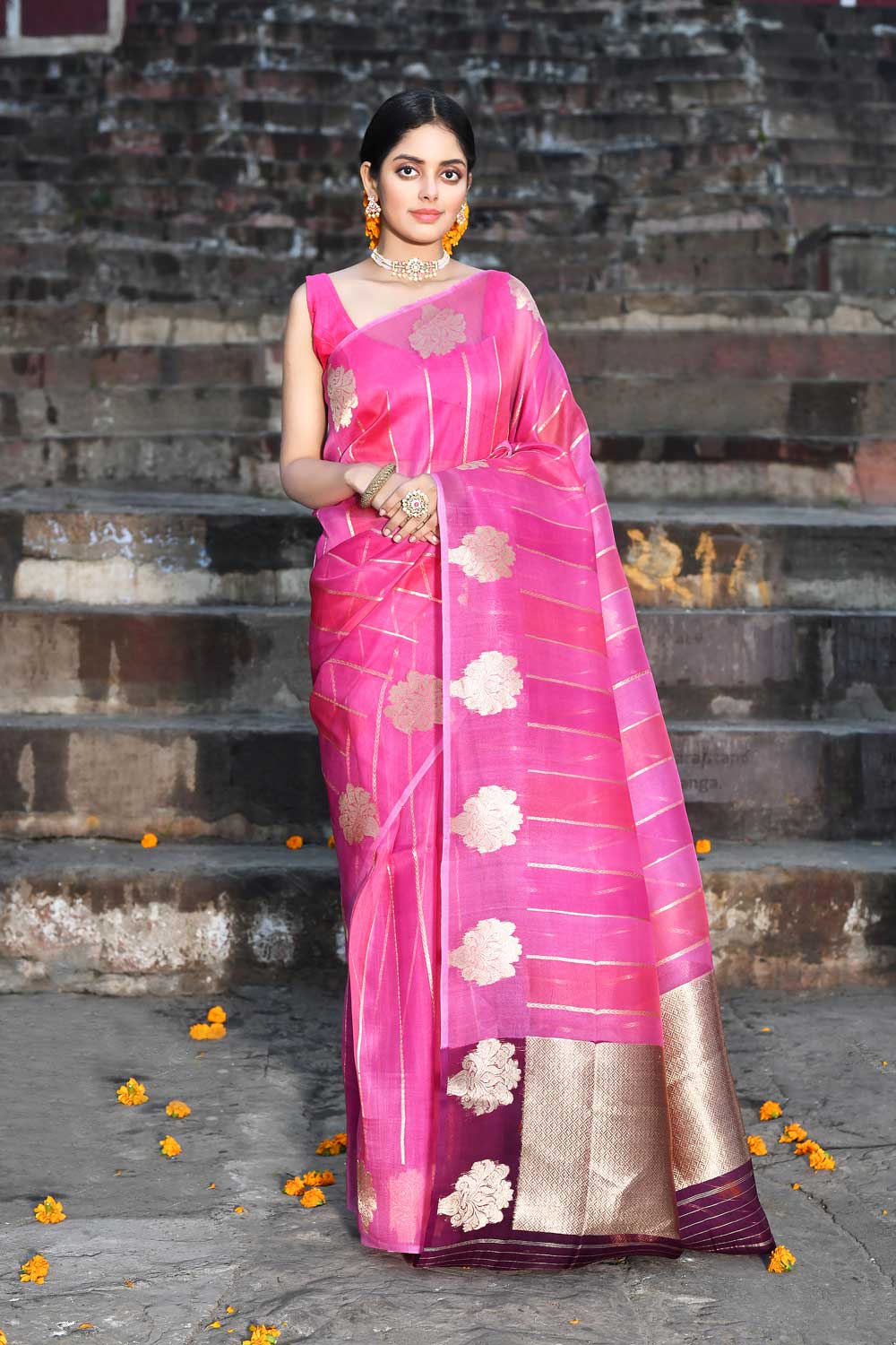 Rangakt Pure Kora Organza Banarasi Handloom Silk Saree With Contrast Palla In Wine