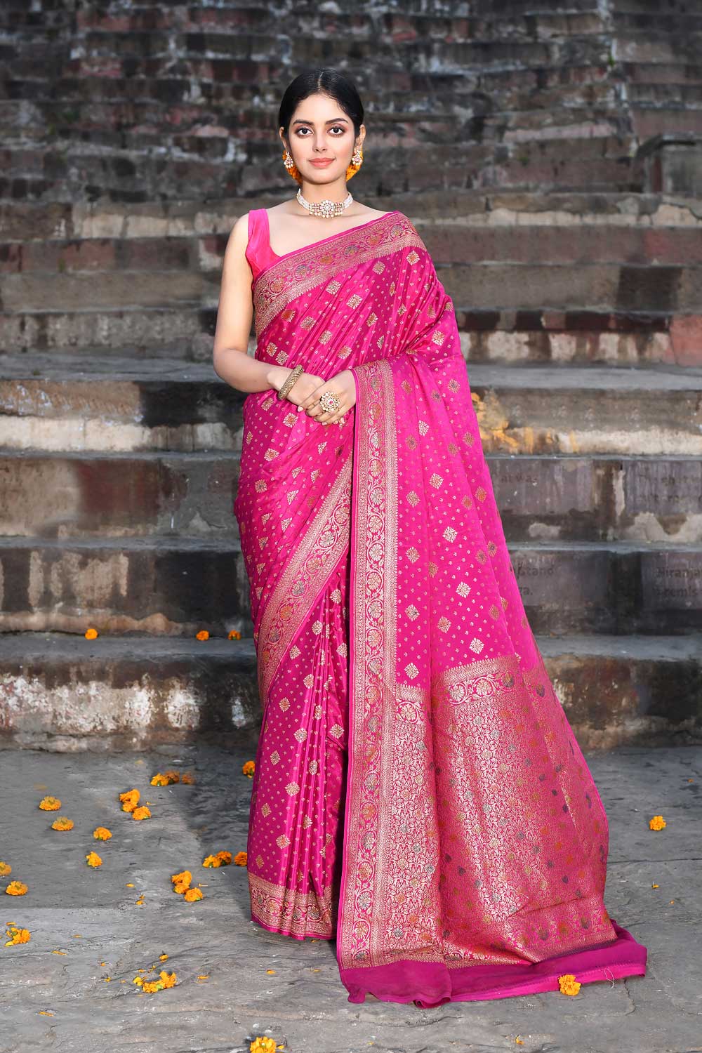 Rani Pink Pure Crepe Georgette Banarasi Handloom Silk Saree With Meenakari