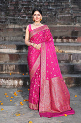 Rani Pink Pure Crepe Georgette Banarasi Handloom Silk Saree With Meenakari