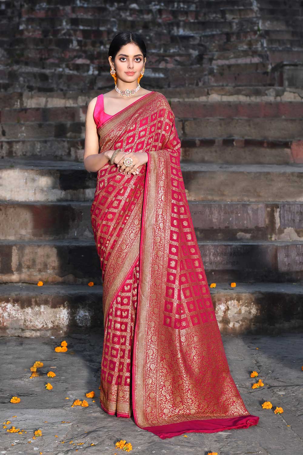 Rani Pink Pure Khaddi Georgette Banarasi Handloom Saree