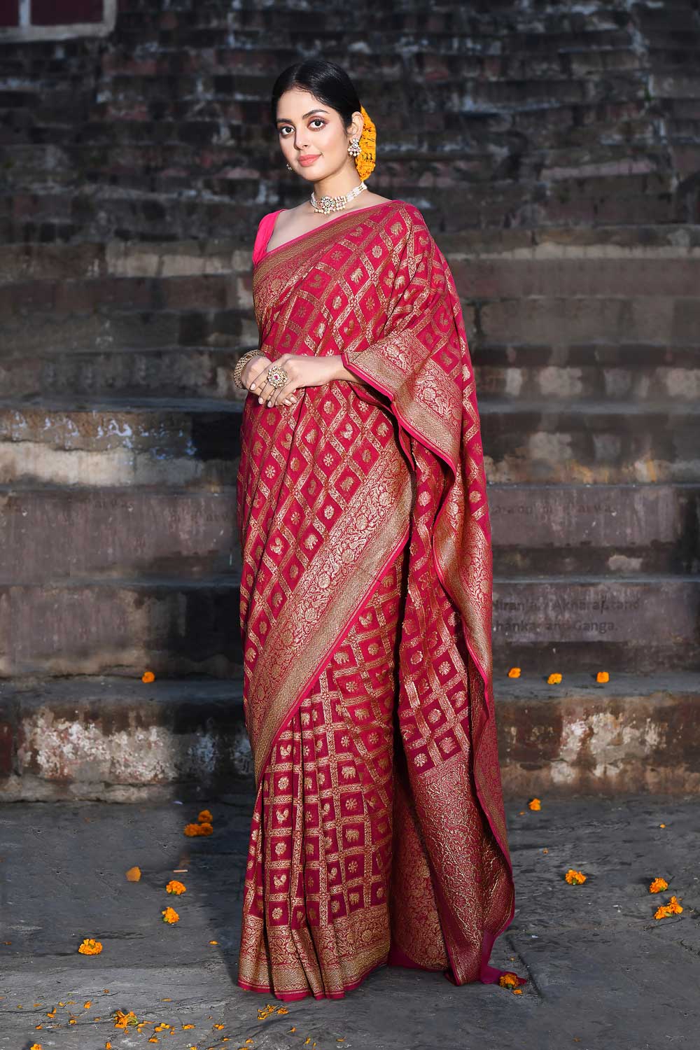 Rani Pink Pure Khaddi Georgette Banarasi Handloom Saree With Blouse Rani Pink Pure Khaddi Georgette Banarasi Handloom Saree With Blouse