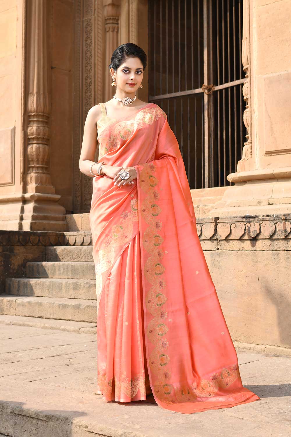 Peach Pure Katan Silk Banarasi Handloom Saree With Scalloped Meenakari Border Peach Pure Katan Silk Banarasi Handloom Saree With Scalloped Meenakari Border