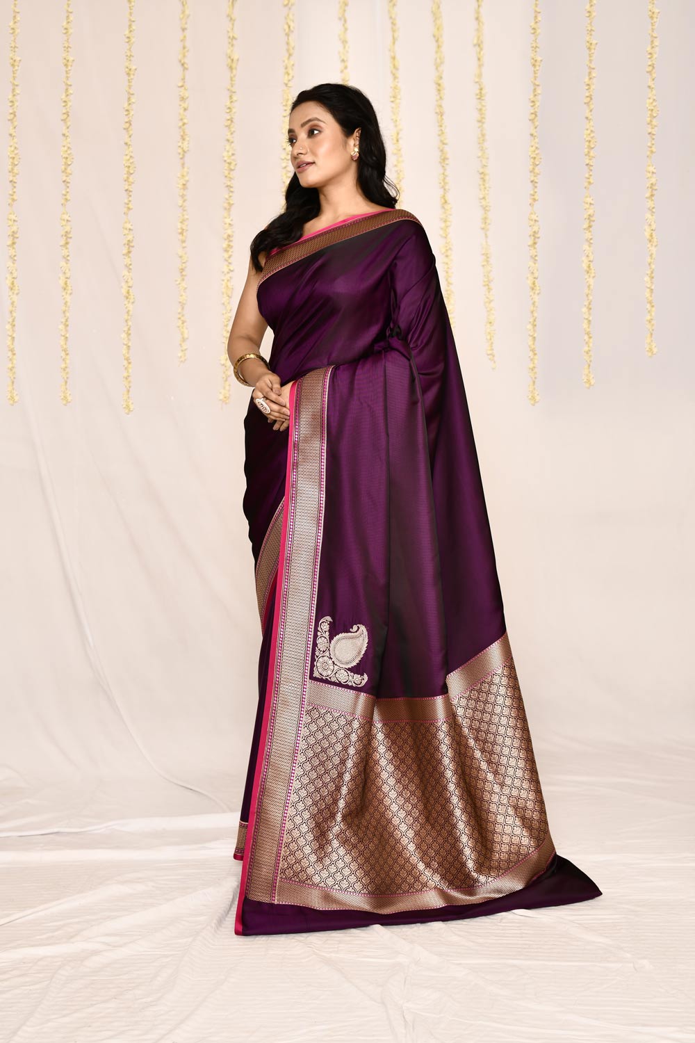 Cadbury Purple- Semi Katan Mushru Satin Banarasi Handloom Silk Saree Cadbury Purple- Semi Katan Mushru Satin Banarasi Handloom Silk Saree