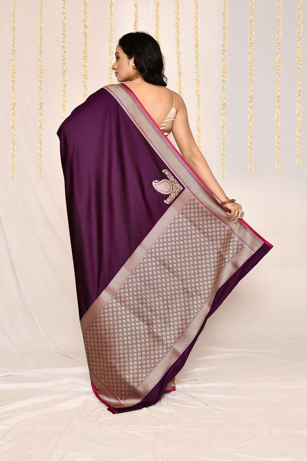 Cadbury Purple- Semi Katan Mushru Satin Banarasi Handloom Silk Saree Cadbury Purple- Semi Katan Mushru Satin Banarasi Handloom Silk Saree