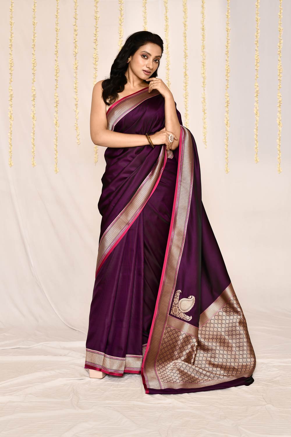 Cadbury Purple- Semi Katan Mushru Satin Banarasi Handloom Silk Saree Cadbury Purple- Semi Katan Mushru Satin Banarasi Handloom Silk Saree