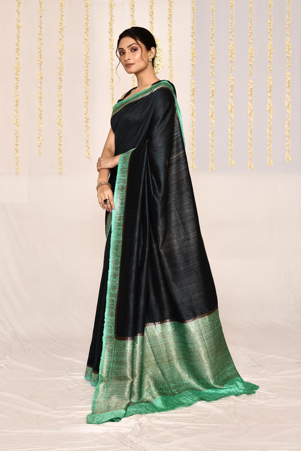 Charcoal Black - Seafoam Pure Tussar Silk Banarasi Handloom Silk Saree Charcoal Black - Seafoam Pure Tussar Silk Banarasi Handloom Silk Saree