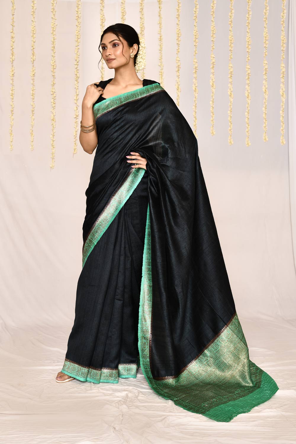 Charcoal Black - Seafoam Pure Tussar Silk Banarasi Handloom Silk Saree Charcoal Black - Seafoam Pure Tussar Silk Banarasi Handloom Silk Saree