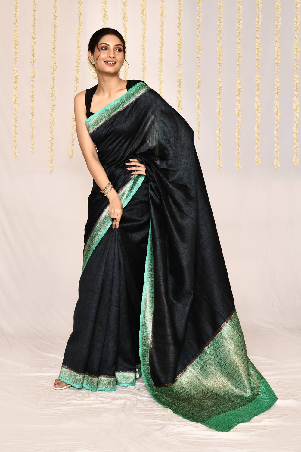 Charcoal Black - Seafoam Pure Tussar Silk Banarasi Handloom Silk Saree Charcoal Black - Seafoam Pure Tussar Silk Banarasi Handloom Silk Saree