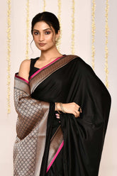 Black Semi Katan Silk Mushru Satin Banarasi Handloom Saree