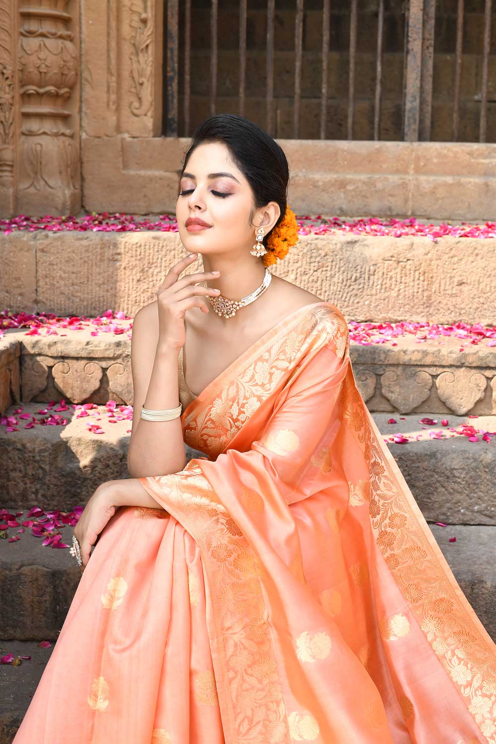 Peach Pure Katan Silk Saree With Kadhua Boota Peach Pure Katan Silk Saree With Kadhua Boota