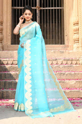 Turquoise Pure Kora Organza Banarasi Handloom Silk Saree