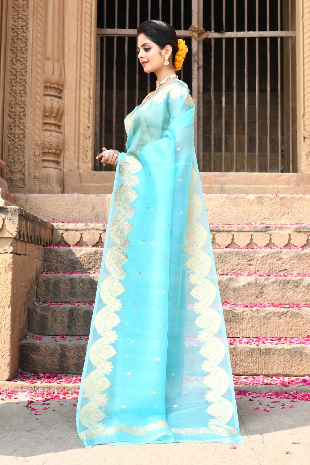 Turquoise Pure Kora Organza Banarasi Handloom Silk Saree Turquoise Pure Kora Organza Banarasi Handloom Silk Saree