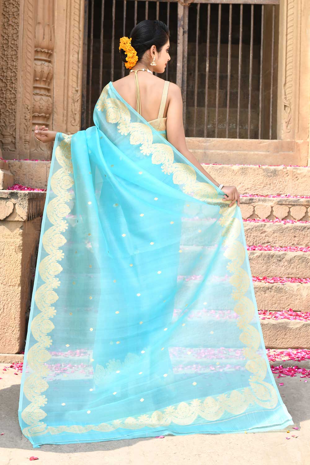 Turquoise Pure Kora Organza Banarasi Handloom Silk Saree Turquoise Pure Kora Organza Banarasi Handloom Silk Saree
