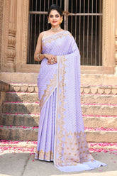 Lavender' Pure Crepe Georgette Silk Banarasi Handloom Saree With Meenakari Scalloped Border
