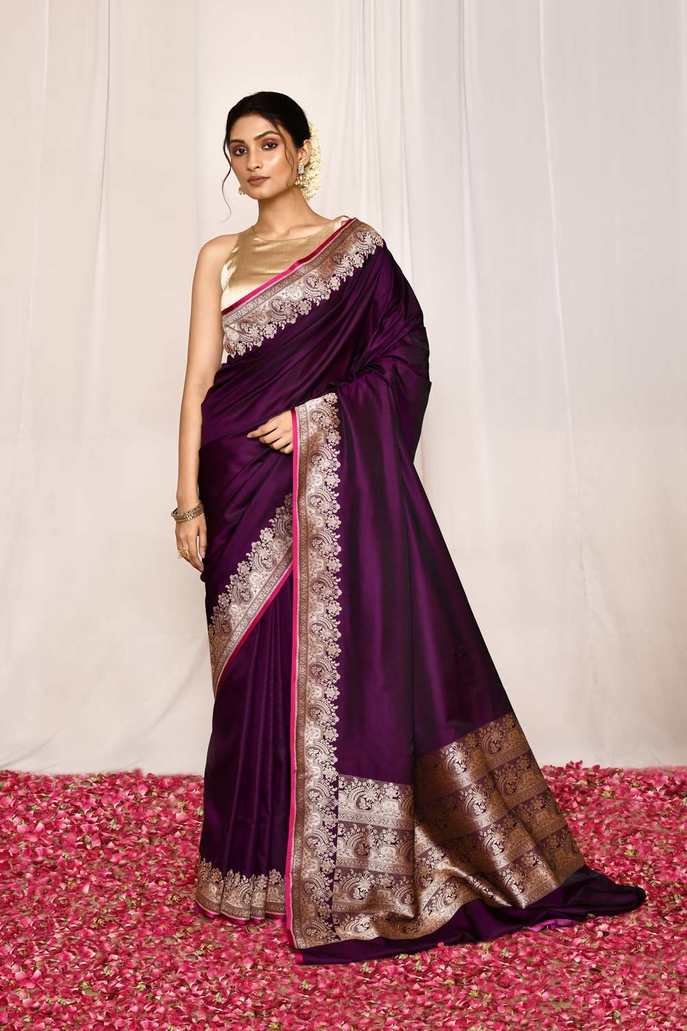 Cadbury Purple Semi Katan Mushru Satin Banarasi Handloom Saree Cadbury Purple Semi Katan Mushru Satin Banarasi Handloom Saree