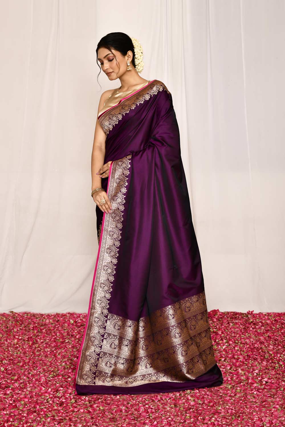 Cadbury Purple Semi Katan Mushru Satin Banarasi Handloom Saree Cadbury Purple Semi Katan Mushru Satin Banarasi Handloom Saree