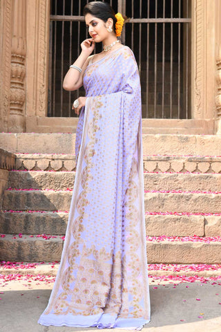 Lavender' Pure Khaddi Georgette Silk Banarasi Handloom Saree With Meenakari Scalloped Border