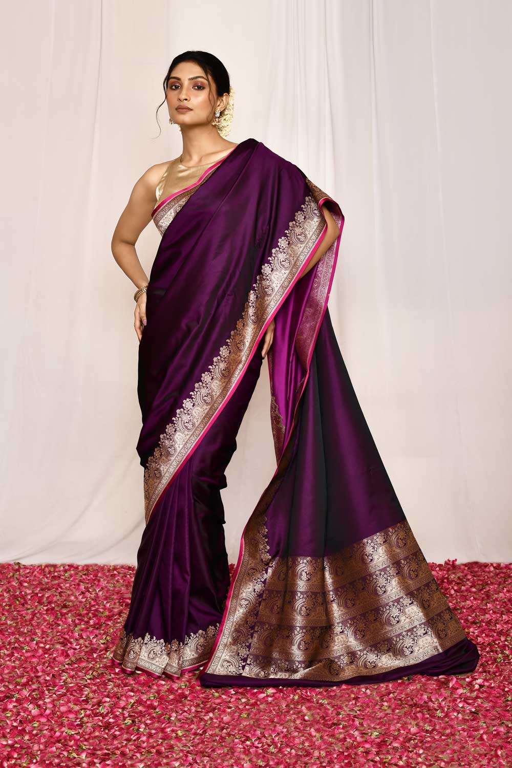 Cadbury Purple Semi Katan Mushru Satin Banarasi Handloom Saree Cadbury Purple Semi Katan Mushru Satin Banarasi Handloom Saree