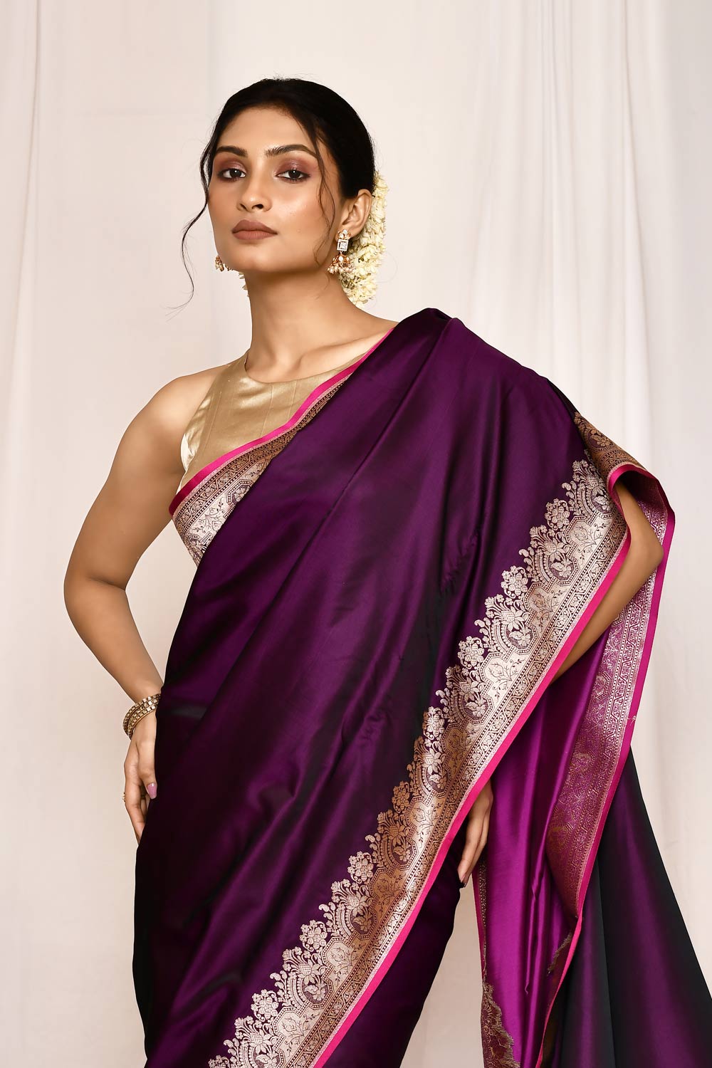 Cadbury Purple Semi Katan Mushru Satin Banarasi Handloom Saree Cadbury Purple Semi Katan Mushru Satin Banarasi Handloom Saree