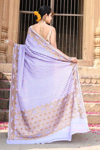 Lavender' Pure Khaddi Georgette Silk Banarasi Handloom Saree With Meenakari Scalloped Border