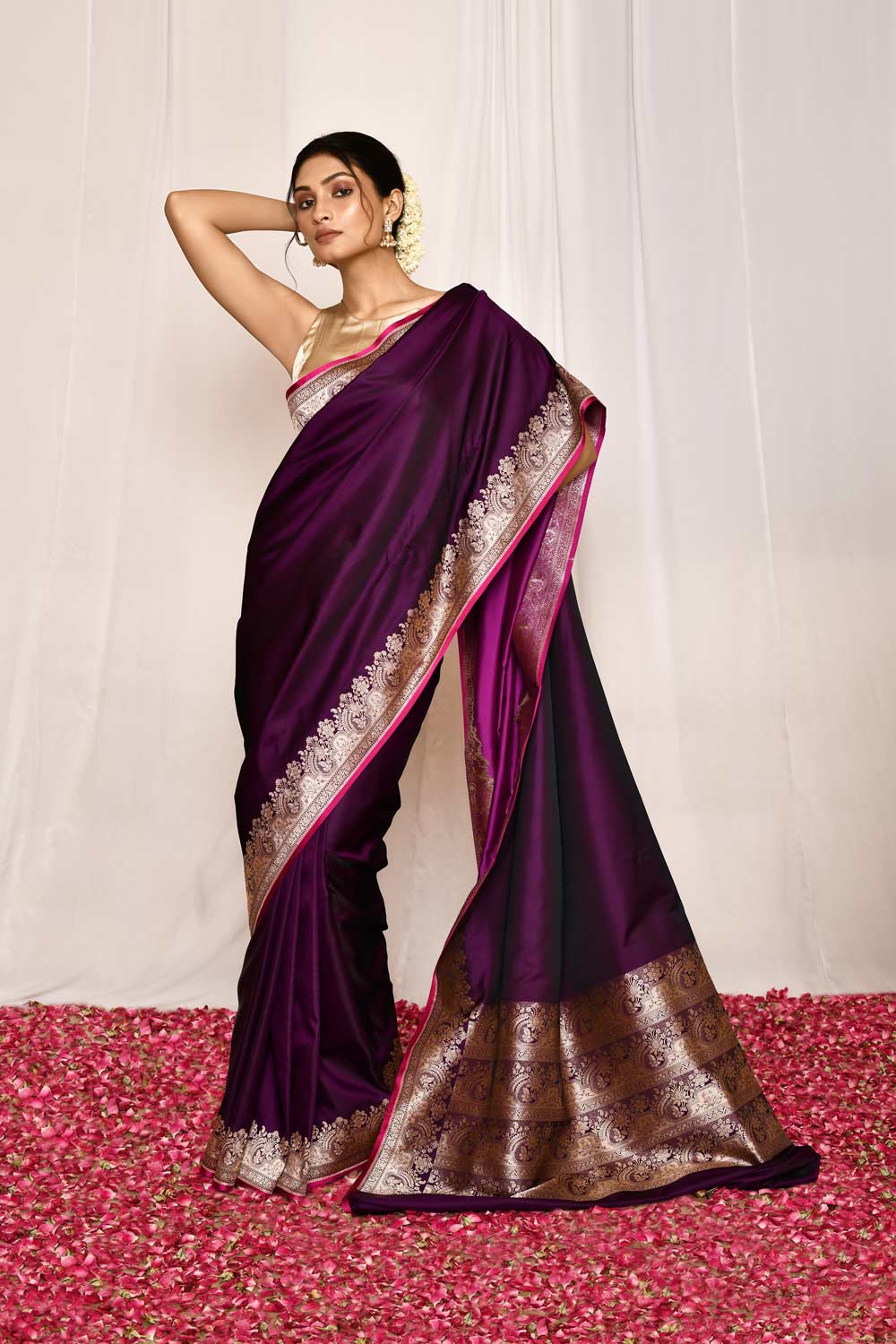 Cadbury Purple Semi Katan Mushru Satin Banarasi Handloom Saree Cadbury Purple Semi Katan Mushru Satin Banarasi Handloom Saree