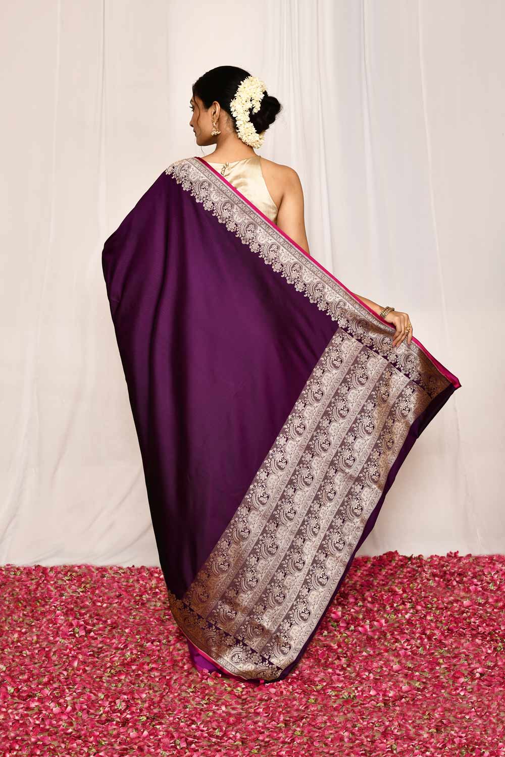 Cadbury Purple Semi Katan Mushru Satin Banarasi Handloom Saree Cadbury Purple Semi Katan Mushru Satin Banarasi Handloom Saree