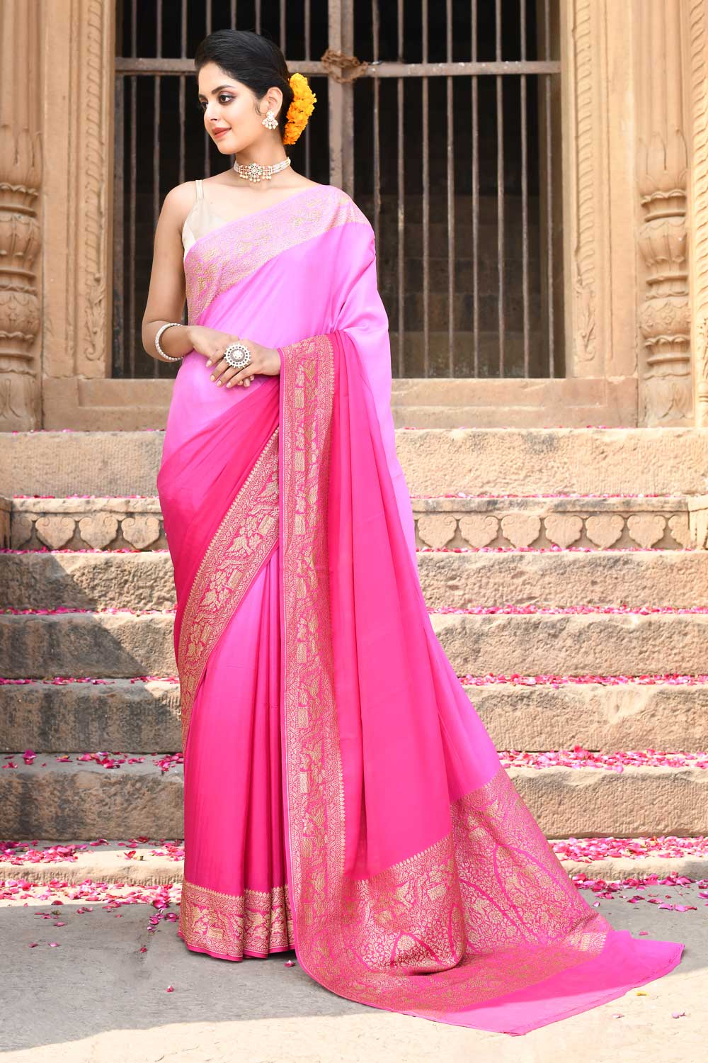 Pink Ombre Pure Crepe Georgette Banarasi Handloom Silk Saree Pink Ombre Pure Crepe Georgette Banarasi Handloom Silk Saree