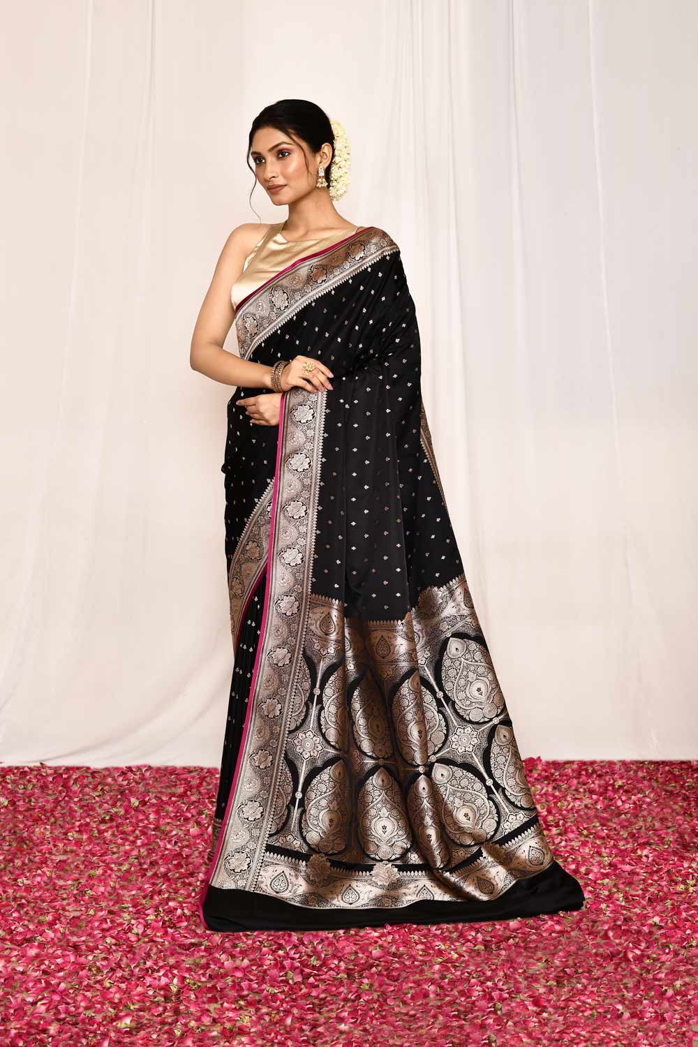 Deep Black Semi Katan Mushru Satin Banarasi Handloom Silk Saree Deep Black Semi Katan Mushru Satin Banarasi Handloom Silk Saree