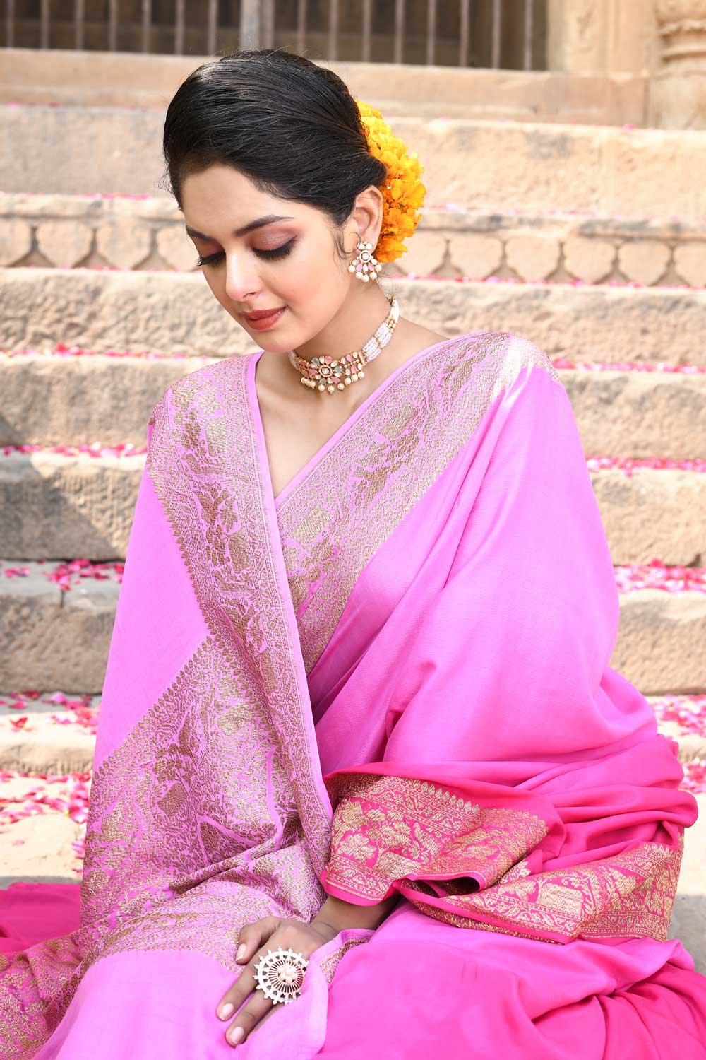 Pink Ombre Pure Crepe Georgette Banarasi Handloom Silk Saree Pink Ombre Pure Crepe Georgette Banarasi Handloom Silk Saree