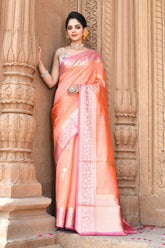 Peach - Pink Pure Katan Silk Banarasi Handloom Saree with Kadhua boota and border