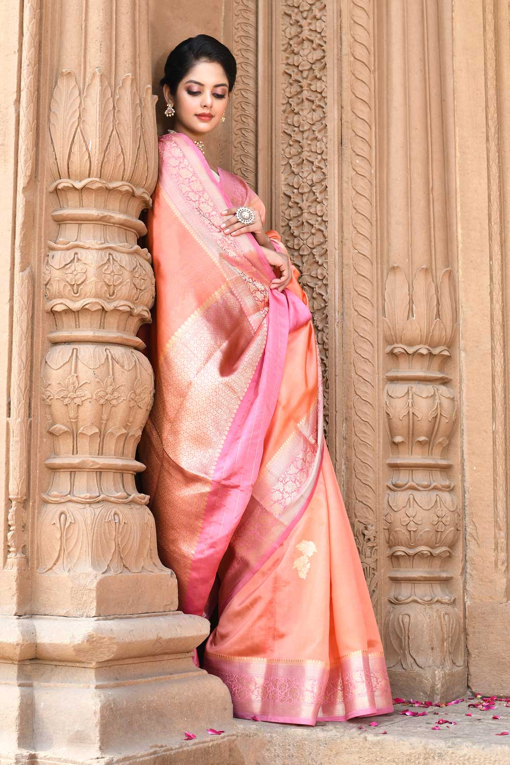 Peach - Pink Pure Katan Silk Banarasi Handloom Saree with Kadhua boota and border Peach - Pink Pure Katan Silk Banarasi Handloom Saree with Kadhua boota and border