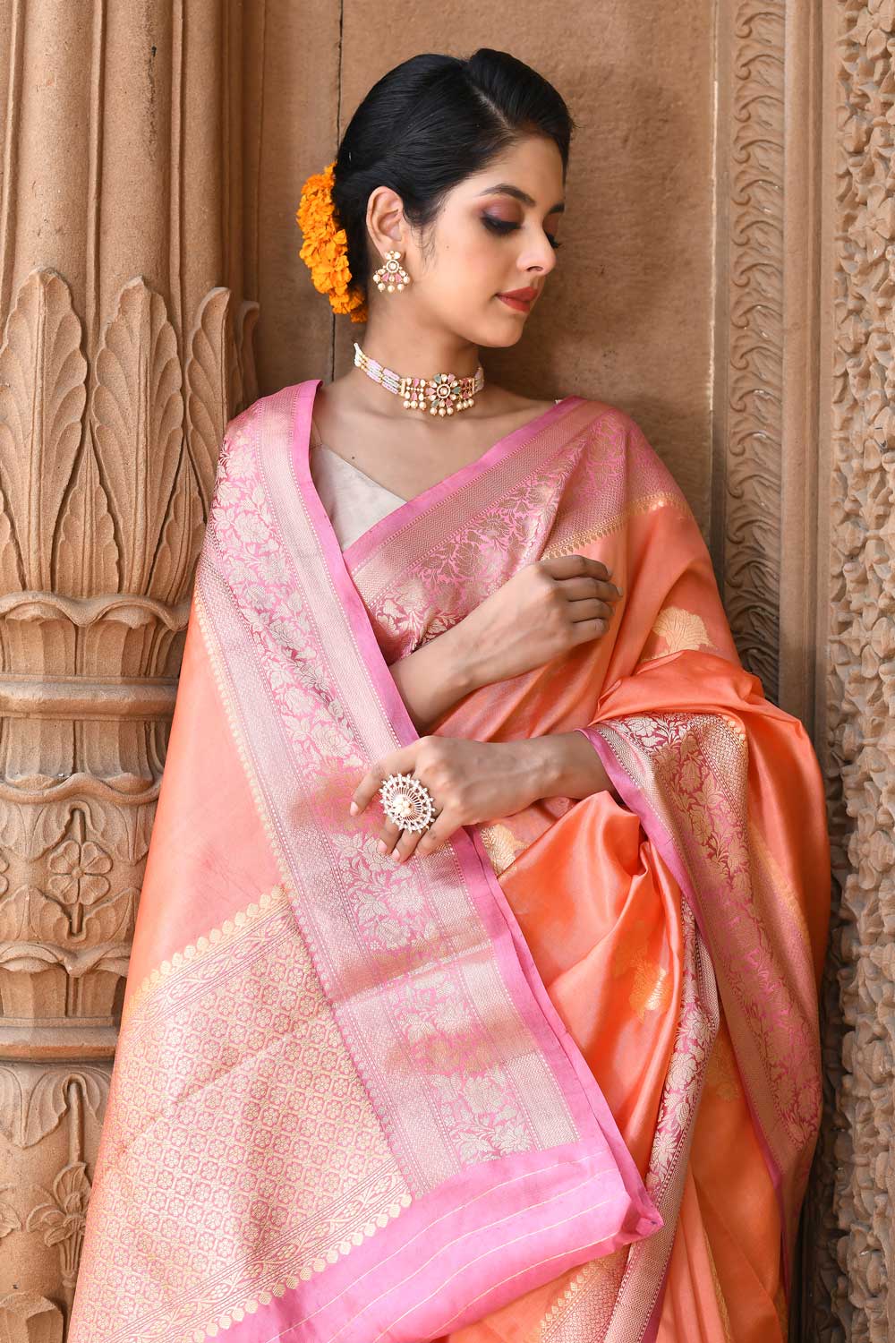 Peach - Pink Pure Katan Silk Banarasi Handloom Saree with Kadhua boota and border Peach - Pink Pure Katan Silk Banarasi Handloom Saree with Kadhua boota and border