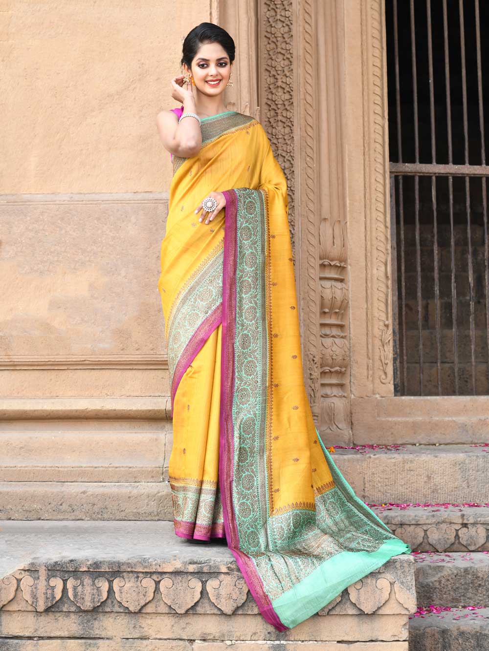 Mustard Pure Tussar Georgette Silk Kadhua Banarasi Saree