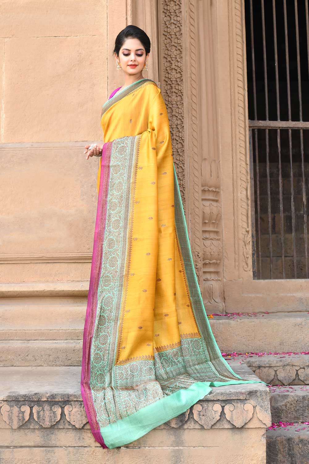 Mustard Pure Tussar Georgette Silk Saree in antique zari Mustard Pure Tussar Georgette Silk Saree in antique zari