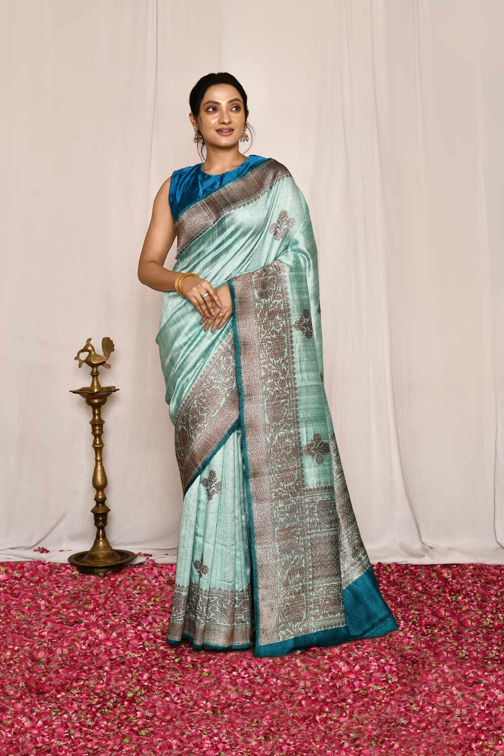 Sky Blue Pure Tussar Silk Banarasi Handloom Silk Saree Sky Blue Pure Tussar Silk Banarasi Handloom Silk Saree